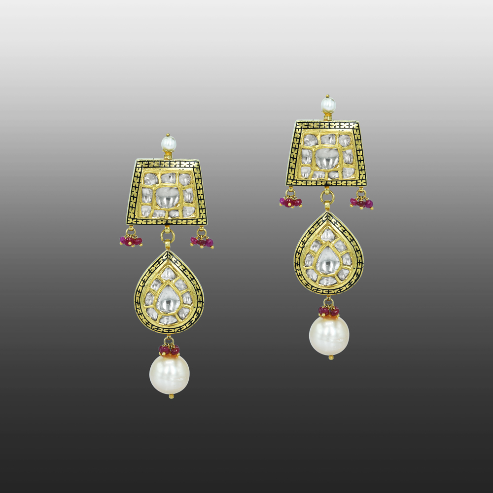 Geometric Polki Earrings with Ruby Beads, Partash work, and Pearls
